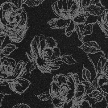 Ein schwarzer Stoffhintergrund zeigt ein detailliertes hellgraues Blumenmuster. Das Muster zeigt große Rosen mit aufwendig gezeichneten Blütenblättern und Blättern in einem skizzenhaften, handgezeichneten Stil, was zu einem ausgeprägten Kontrast zwischen den Elementen führt.