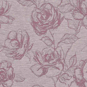 Ein strukturierter Stoffhintergrund zeigt ein sich wiederholendes Muster aus handgezeichneten Rosenblüten und Blättern in gedämpften Rosatönen auf einem hellen, rosafarbenen Hintergrund. Die floralen Illustrationen sind skizzenhaft, was zu einem Vintage-Look beiträgt.