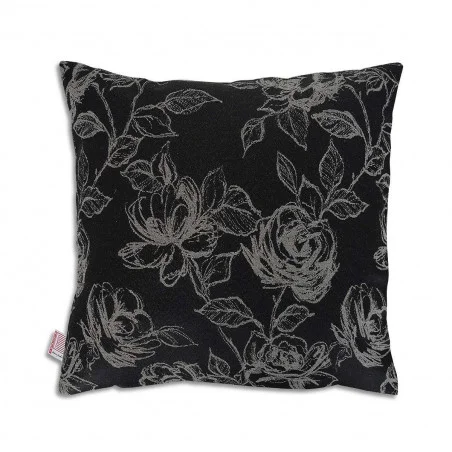 Ein quadratisches Kissen 40x40 cm mit schwarzem Hintergrund zeigt ein detailliertes Muster aus großen weißen Rosen und Blättern in einem skizzenhaften Stil. Ein Stoffetikett ist am linken Rand sichtbar. Das Design des Kissens betont präzise florale Umrisse und Texturen.
