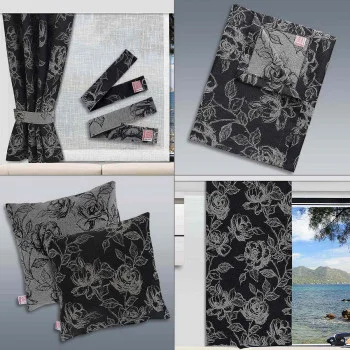 Eine Collage zeigt schwarze Stoffartikel mit einem grauen Blumenmuster, darunter Vorhänge mit passenden Raffhaltern, eine gefaltete Tischdecke, zwei Kissen und einen Volant. Jeder Artikel wird einzeln präsentiert. Ein Bild zeigt die Vorhänge an einem Fenster mit Blick ins Freie.
