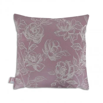 Ein quadratisches Kissen 40x40 cm mit einem gedämpften malvenfarbenen Hintergrund zeigt ein detailliertes weißes Blumenmuster aus Rosen und Blättern. An der unteren linken Seitennaht ist ein Stoffanhänger angebracht. Die Oberfläche des Kissens erscheint weich und ist für den dekorativen Gebrauch bestimmt.