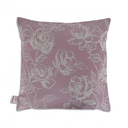 Ein quadratisches Kissen 40x40 cm mit einem gedämpften malvenfarbenen Hintergrund zeigt ein detailliertes weißes Blumenmuster aus Rosen und Blättern. An der unteren linken Seitennaht ist ein Stoffanhänger angebracht. Die Oberfläche des Kissens erscheint weich und ist für den dekorativen Gebrauch bestimmt.