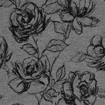 Schwarze Rosenskizzen mit Blättern und Stängeln sind auf einem strukturierten grauen Stoffhintergrund abgebildet. Das Design zeigt eine Vielzahl von großen und kleinen Rosenblüten, die in einem klassischen, handgezeichneten Muster angeordnet sind.