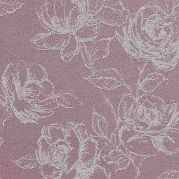 Weiße, handgezeichnete Umrisse von Blumen, darunter Rosen und Blätter, sind auf einem strukturierten Hintergrund in gedämpften Mauve-Rosa-Tönen verteilt. Das Arrangement bildet ein sich wiederholendes Muster mit einem Vintage-Look.