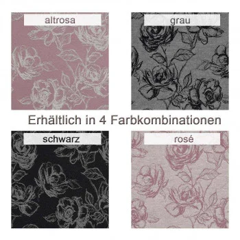 Vier Stoffmuster sind mit Blumenmustern versehen und mit "altrosa" (hellrosa mit weißen Blumen), "grau" (grau mit schwarzen Blumen), "schwarz" (schwarz mit weißen Blumen) und "rosé" (hellrosa mit dunkelrosa Blumen) beschriftet. Text: "Erhältlich in 4 Farbkombinationen.