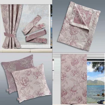 Eine Collage aus vier Bildern zeigt passende Heimtextilien in einem rosa Blumenmuster: eine Reihe von Vorhängen, eine gefaltete Tischdecke, zwei quadratische Kissenbezüge und ein Volant, das neben einem Fenster mit Blick ins Freie angebracht ist.
