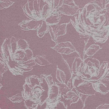 Ein nahtloses Muster mit weißen, handgezeichneten Rosen und Blättern auf einem gedämpften malvenfarbenen Hintergrund. Die floralen Umrisse sind fein und detailliert.