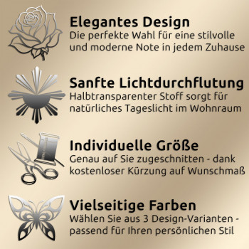 Auf goldenem Hintergrund werden die Vorteile des Produktes mit schwarzer Schrift und Symbolen dargestellt