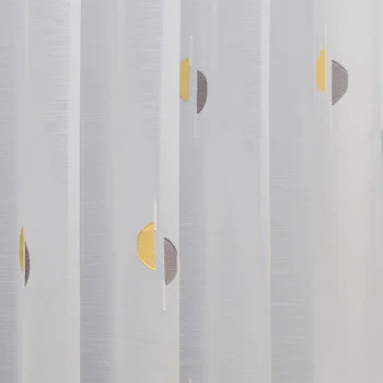 Store Astrid mit Scherli-Muster in Punkt-Form. Der Grundstoff ist weiß und leicht transparent. Die Punkte sind gelb und grau
