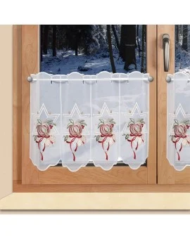 Weihnachts-Scheibengardine "Stern und Apfel" Wintergardine Plauener Stickerei