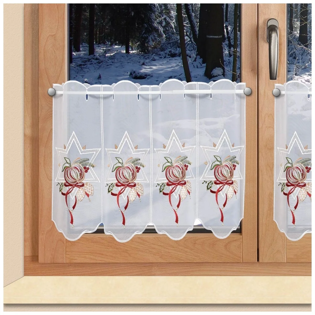 Weihnachts-Scheibengardine "Stern und Apfel" Wintergardine Plauener Stickerei