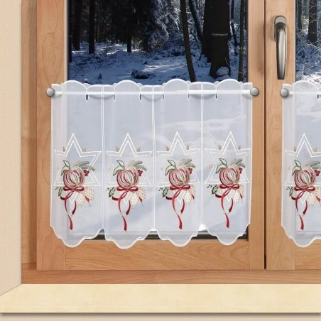 Weihnachts-Scheibengardine "Stern und Apfel" Wintergardine Plauener Stickerei