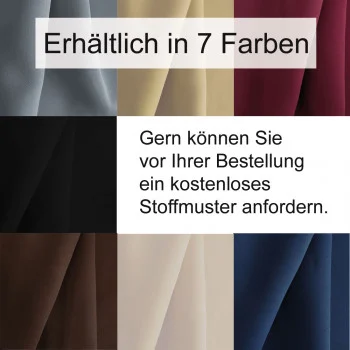 Stoffmuster sieben Farben: Schwarz, Braun, Grau, Beige, Weiß, Blau, Rot. Der deutsche Text lautet: Erhältlich in 7 Farben