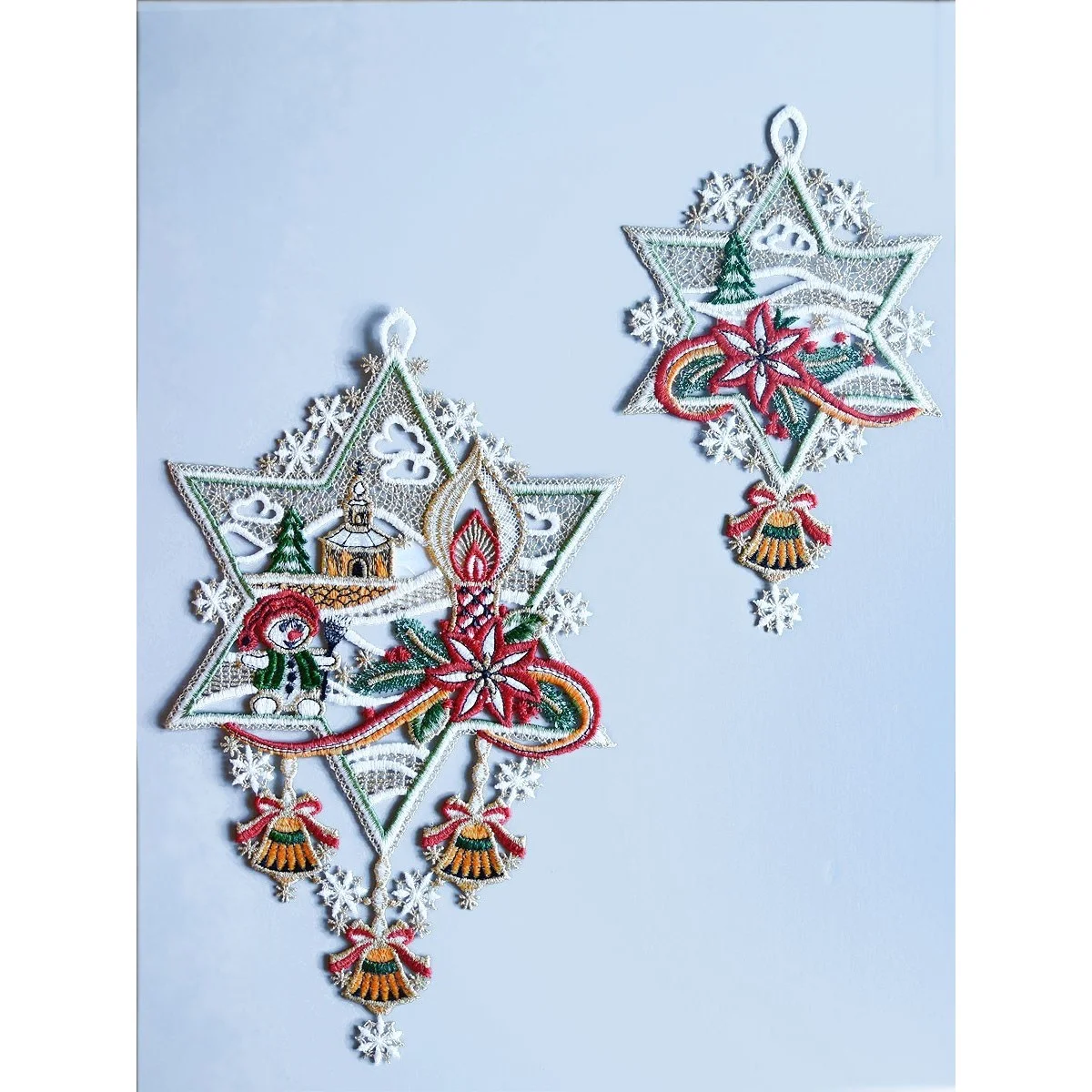 Set 2 Fensterbilder "Schmucksterne" Winter-Weihnachts-Deko Echte Plauener Spitze
