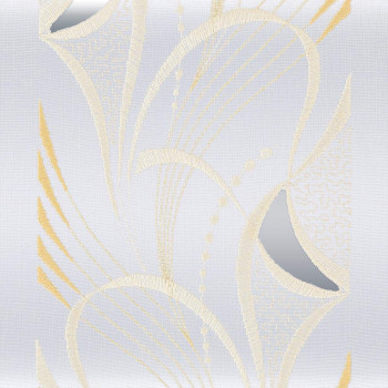 Abstraktes Stickerei-Muster mit creme- und goldfarbenen geschwungenen Linien und geometrischen Formen auf hellgrauem Hintergrund, mit subtilen strukturierten Details - eine Nahaufnahme der Schiebepaneele Jania