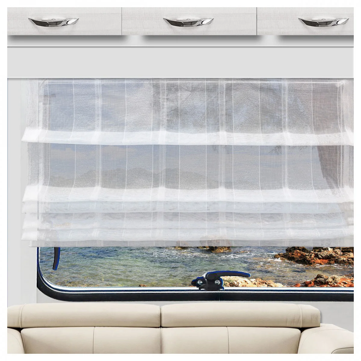 Raffrollo TORVI weiß Streifen-Optik für Wohnmobil und Caravan