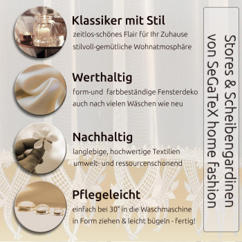Eine Werbegrafik von SeGATEX Home Fashion mit Text und vier kreisförmigen Fotos: eine Teekanne auf einem Tablett, seidiger Stoff, eine Hand, die eine weiße Blume hält, und Glasvasen. Der Begleittext listet die Eigenschaften der Vorhänge auf: stilvoll, langlebig, nachhaltig und pflegeleicht.