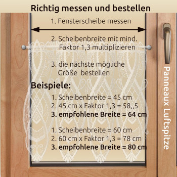 Ein deutsches Lehrdiagramm, das veranschaulicht, wie man ein Fenster für eine Spitzengardine ausmisst. Das Bild zeigt ein Fenster mit weißer Spitze, eine Messlinie, ein Berechnungsbeispiel für die Breite, eine Schritt-für-Schritt-Anleitung für die Messung und "Panneaux Luftspitze" auf der rechten Seite.