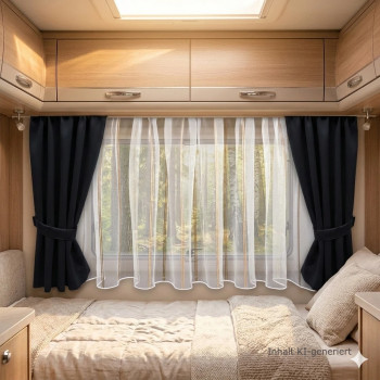 Innenraum eines Wohnmobils mit hellen Holzschränken, einem Dachfenster und einem Bett mit beigem Bettzeug. Ein großes Fenster ist mit weißen, durchsichtigen Vorhängen und zurückgebundenen dunklen Vorhängen bedeckt. Sonnenlicht fällt in den Raum, erhellt das Innere und gibt den Blick auf den Wald frei.