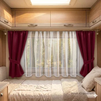 Das Innere eines Wohnwagens besteht aus einem ordentlich gemachten Bett, das unter einem großen Fenster steht, das mit weißen Gardinen und tiefroten Vorhängen verhängt ist. An den Wänden über dem Bett sind Holzschränke angebracht, und natürliches Licht fällt in den Raum und erhellt ihn.