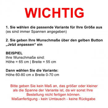 Ein deutsches Anleitungsblatt mit dem Titel "WICHTIG" in großen roten Buchstaben. Das Dokument beschreibt die Schritte zur Auswahl einer Größenvariante und zur Eingabe von Sondermaßen. Ein roter Hinweis am unteren Rand besagt, dass Sonderanfertigungen nicht umgetauscht oder zurückgegeben werden können.