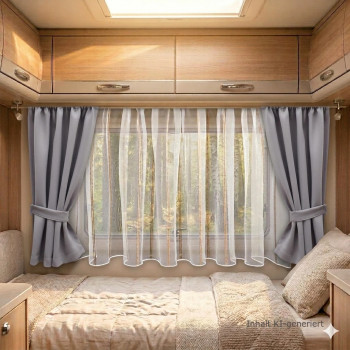 Camper-Innenraum mit hellen Holzschränken, einem Bett mit beiger Bettwäsche und einem großen Fenster. Das Fenster ist mit durchsichtigen weißen Vorhängen und grauen Gardinen bedeckt, die zurückgebunden sind, so dass natürliches Licht eindringen kann und man einen Blick auf den Wald draußen hat.