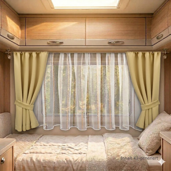 Camper-Innenraum mit Holzschränken, einem großen Fenster, das von beigen Vorhängen und weißen Gardinen umrahmt wird, einem beigen Bett und mehreren Kissen. Sonnenlicht fällt in den Raum und erhellt die Umgebung. Durch das Fenster sind draußen Bäume und Grünflächen zu sehen.