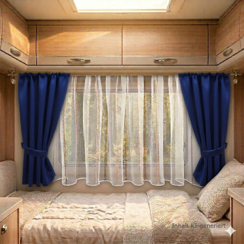Das Innere eines Wohnmobils mit einem Bett mit beigefarbener Bettwäsche, hölzernen Hängeschränken und einem großen Fenster mit weißen Gardinen und dunkelblauen Vorhängen zum Zurückbinden. Durch das Fenster fällt natürliches Licht auf die Bäume draußen.