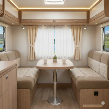 In einem Wohnmobil-Essbereich stehen sich zwei beige gepolsterte Bänke gegenüber, zwischen denen ein Holztisch steht. Drei weiße Tassen stehen auf dem Tisch. Cremefarbene Vorhänge verdecken ein großes Fenster, und darüber sind Oberschränke mit Strahlern angebracht. Der Raum wird durch natürliches Licht erhellt.