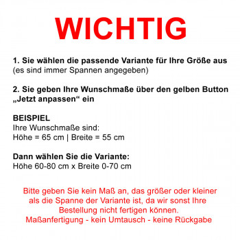 Auf einem deutschen Anleitungsblatt steht oben in großen roten Buchstaben "WICHTIG". Nummerierte Schritte helfen bei der Auswahl und Eingabe der richtigen Bestellgröße. Ein roter Warnhinweis am unteren Rand rät zum genauen Abmessen und weist darauf hin, dass Rückgabe oder Umtausch ausgeschlossen sind.