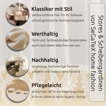 Eine kreisförmige Collage ist in vier Abschnitte unterteilt, die ein Wohnzimmer, einen glatten weißen Stoff, eine Hand, die eine Blume hält, und Glaswaren zeigen. Der deutsche Text hebt den Stil, die Langlebigkeit, die Nachhaltigkeit und die Pflegeleichtigkeit der SeGATEX-Gardinen hervor. Spitzengardinen säumen den unt