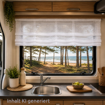 Der Innenraum einer Wohnmobilküche mit Spüle und Arbeitsfläche im Vordergrund. Durch das Fenster sind Kiefern und ein Sandstrand mit sanften Wellen zu sehen. Sonnenlicht fällt durch das Fenster und erhellt den Küchenbereich.
