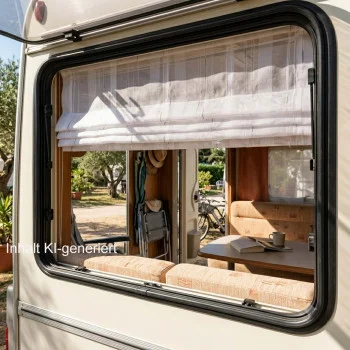Blick durch ein offenes Wohnmobilfenster mit teilweise zugezogenen weißen Vorhängen. Der Innenraum ist mit einer beigen gepolsterten Sitzbank, einem kleinen Tisch mit einer Tasse und Holzvertäfelungen ausgestattet. Vor dem Fenster sind Bäume und ein geparktes Fahrrad im Sonnenlicht zu sehen.