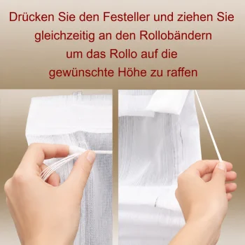Zwei Hände verstellen weiße Stoffrollos mithilfe von Zugschnüren. Auf dem linken Bild hält eine Hand eine Schnur neben einem Verschluss; auf dem rechten Bild zieht eine Hand an einer Schnur, um das Rollo hochzuziehen. Der deutsche Text darüber enthält eine Schritt-für-Schritt-Anleitung zum Verstellen der Rollohöhe.