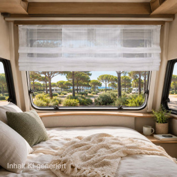 In einem Wohnmobil steht ein Bett mit strukturierten Decken und Kissen, das zu einem großen Fenster hin ausgerichtet ist, das mit transparenten Vorhängen verhängt ist. Durch das Fenster sind Kiefern, Büsche und ein blauer Himmel zu sehen. Der Text auf dem Bild lautet: „Inhalt KI generiert.“.