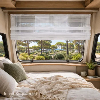 In einem Wohnmobil steht ein Bett mit strukturierten Decken und Kissen, das zu einem großen Fenster hin ausgerichtet ist, das mit transparenten Vorhängen verhängt ist. Durch das Fenster sind Kiefern, Büsche und ein blauer Himmel zu sehen. Der Text auf dem Bild lautet: „Inhalt KI generiert.“.