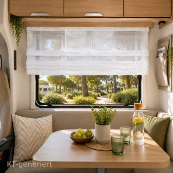 Nahaufnahme des Essbereichs in einem Wohnmobil, die den glänzenden, gestreiften Stoff von Raffrollo Lykke zeigt, während direkt vor dem Fenster Sonnenlicht durch die Bäume scheint. (KI-generiert)