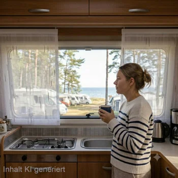 Eine Frau steht in der Küche eines Wohnmobils, hält eine Tasse in der Hand und schaut aus dem Fenster, während über der Spüle die Caravan-Schiebegardine Alva in Weiß-Anthrazit als Sichtschutz angebracht ist. (KI-generierte Abbildung)