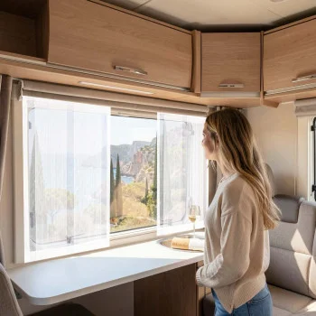 Eine Frau in einem beigen Pullover sitzt in einem gemütlichen Wohnwagen und bewundert die Küstenlandschaft durch das große Fenster, das mit einem vollständig geöffneten SeGaTeX Lykke-Schiebegardine verziert ist.