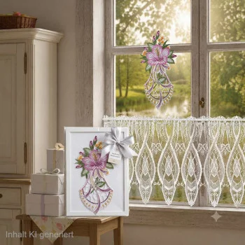 Geschenkboxen und gerahmte Blumenbilder, arrangiert auf einem Küchentisch unter SeGaTeX-Vorhängen in der Farbe „Hibiskusblüte lila“, während Sonnenlicht hereinströmt und draußen grüne Bäume zu sehen sind.