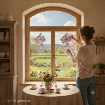 Eine Frau hängt das Fensterbild „Hibiskusblüte lila“ an ein sonnendurchflutetes Küchenfenster, während auf dem Tisch frische Tulpen stehen und draußen eine blühende Frühlingslandschaft zu sehen ist.