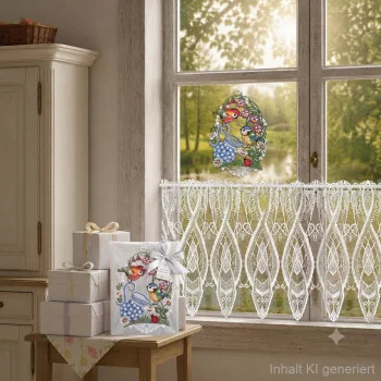 Neben einem Schrank sind Geschenkboxen mit passenden Bändern und Aufklebern angeordnet; im Hintergrund ist ein Fenster zu sehen, das mit dem „Fensterbild Hibiskusblüte lila“ von ANDEA Design verziert ist.