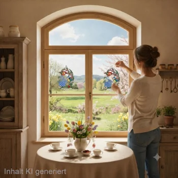 Sonnenlicht strömt durch ein Küchenfenster, während eine Frau die violette Hibiskus-Dekoration von ANDEA Design aufhängt; im Hintergrund sind ein grünes Feld und der blaue Himmel zu sehen.