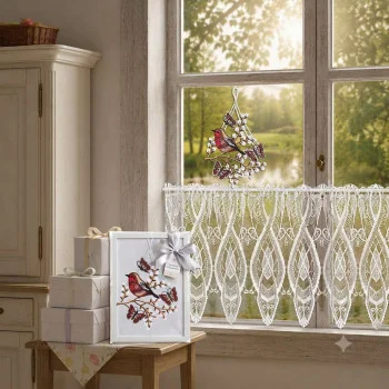 An den mit Spitzenvorhängen versehenen Fenstern mit Blick auf einen Teich stehen Geschenke in Reih und Glied und präsentieren die Frühlingsdekoration „Fensterbild Frühlingserwachen“ mit roten Vögeln aus zarter Vogtländer Spitze.
