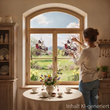 Eine Frau bringt das Spitzen-Abziehbild „Frühlingserwachen“ an einem sonnigen Fenster an und verdeutlicht damit dessen Einsatz in der Wohnraumgestaltung; ein mit Blumen geschmückter Teetisch und grüne Felder runden das Bild ab.