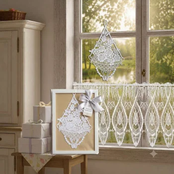 Nahaufnahme des Spitzen-Dekors „Fensterbild Rosenkorb Sekt“ von ANDEA Design in einem hellen Küchenfenster, abgebildet zusammen mit Geschenkboxen und einer üppig grünen Landschaft, die sich draußen abzeichnet.