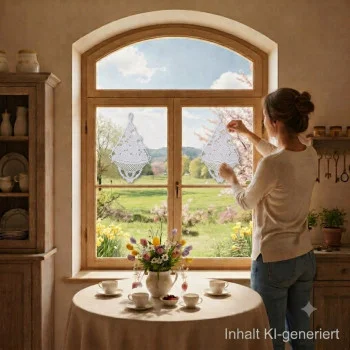 Das Bild „Fensterbild Rosenkorb Sekt“ zeigt eine Frau, die die Spitze an einem sonnendurchfluteten Fenster aufhängt; davor steht ein Teetisch, und durch die Scheibe sind Felder zu sehen.