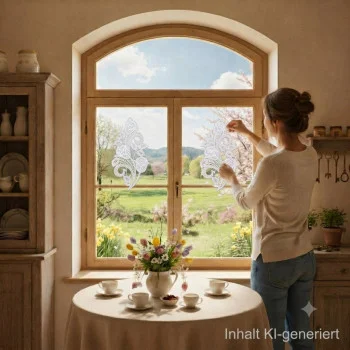 Eine Frau hängt die Spitzenrosen „Fensterbild Rosentraum Sekt“ an ihr Küchenfenster, während Sonnenlicht auf den runden Tisch fällt und draußen eine strahlende Frühlingsszene zu sehen ist.