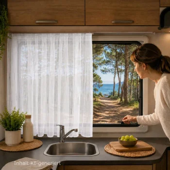 Eine Frau in der Küche eines Wohnmobils öffnet ein Fenster, das mit dem Caravanstore Alva-Sichtschutz ausgestattet ist, und gibt den Blick auf den Wald frei; im Vordergrund steht eine Schale mit Weintrauben auf der Arbeitsplatte.