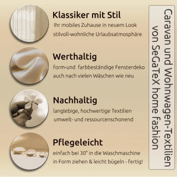 Nahaufnahme des Sichtschutzes „Lykke Sablé“ von Caravanstore, die seine glänzenden Streifen und die Struktur zeigt; daneben sind die deutschen Produktangaben zu sehen.